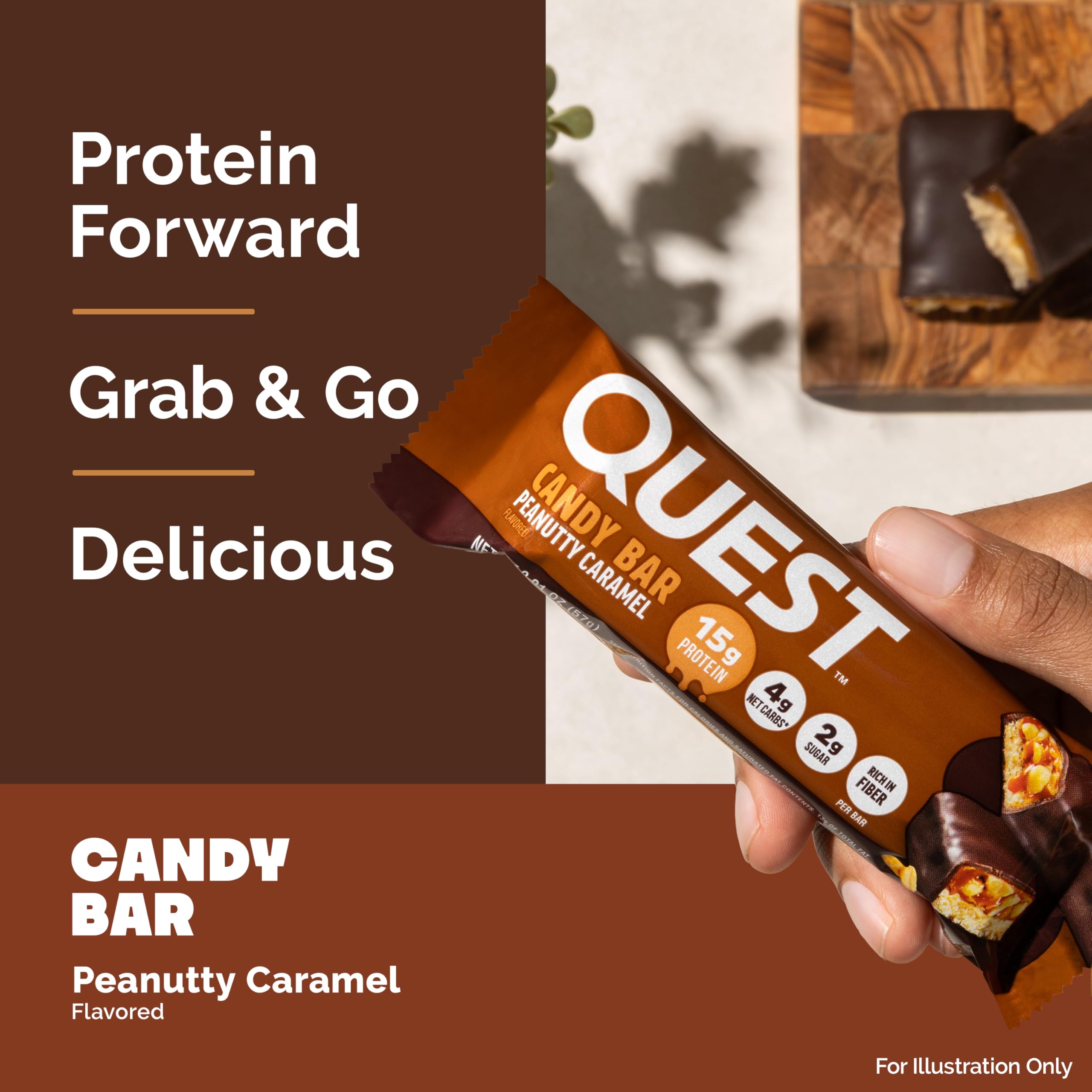 Quest Peanutty Caramel Bar chocolate coating closeup showcases indulgent flavor.