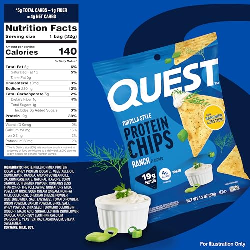 Nutrition panel on Quest Ranch Tortilla Style Chips highlights 4g net carbs