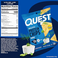 Nutrition panel on Quest Ranch Tortilla Style Chips highlights 4g net carbs