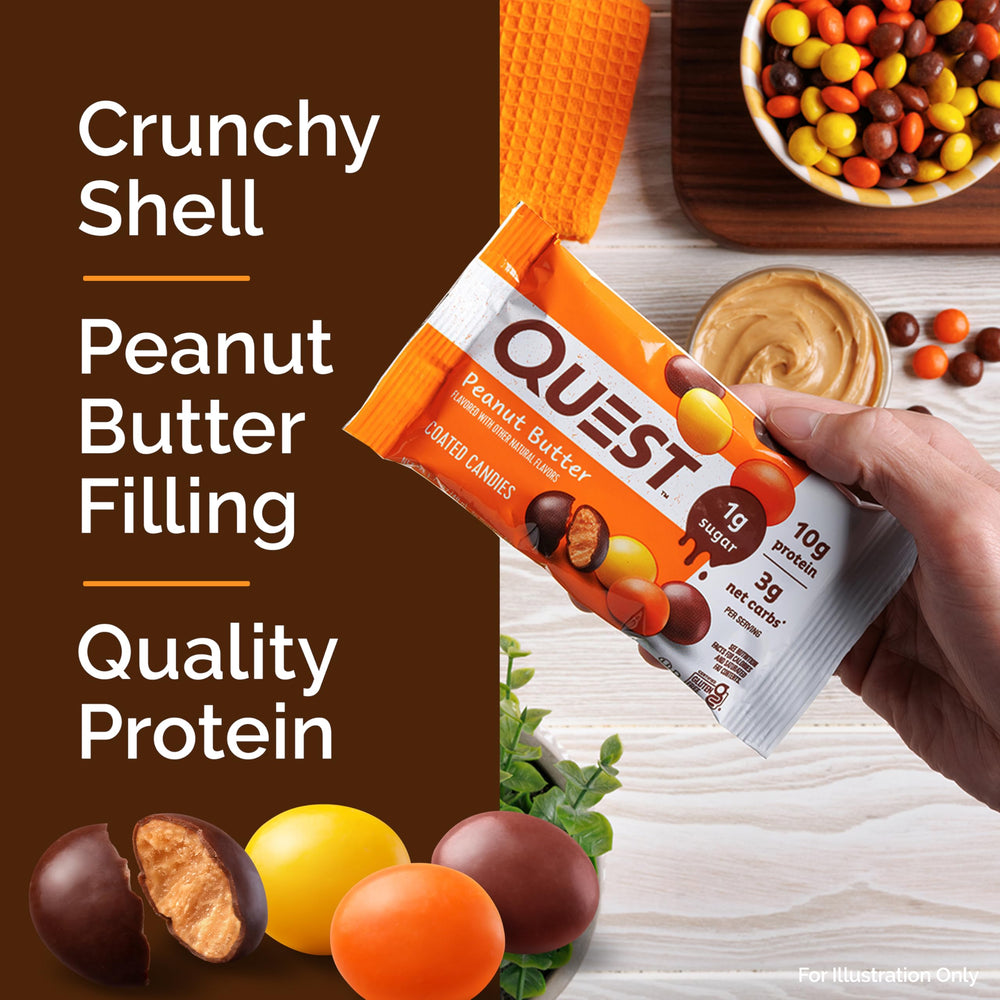 Quest smooth peanut butter filled snack shot highlights creamy center.