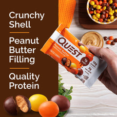 Quest smooth peanut butter filled snack shot highlights creamy center.