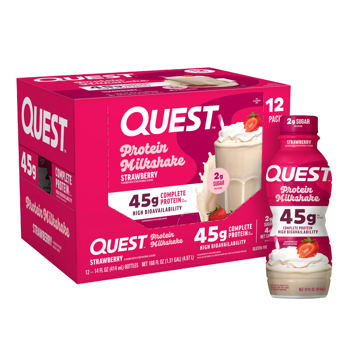 Quest Strawberry Protein Shake bottle shows rich color and creamy texture for post-workout recovery.