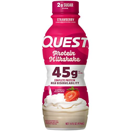 Quest Strawberry Protein Shake 12-count box on shelf.