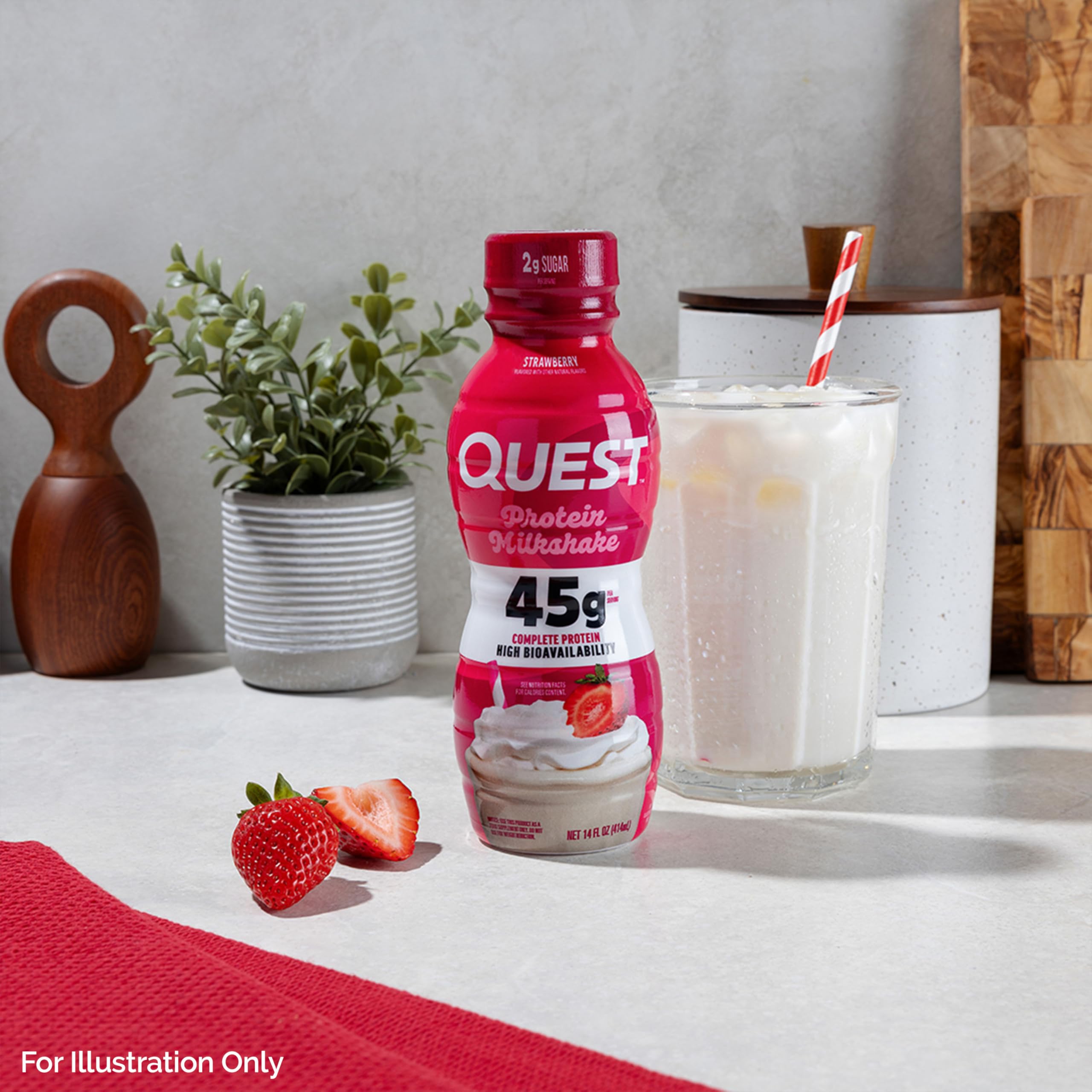 Quest Strawberry Protein Shake bottle in refrigerator ready to grab.
