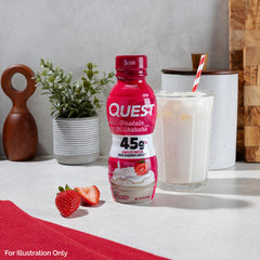 Quest Strawberry Protein Shake bottle in refrigerator ready to grab.