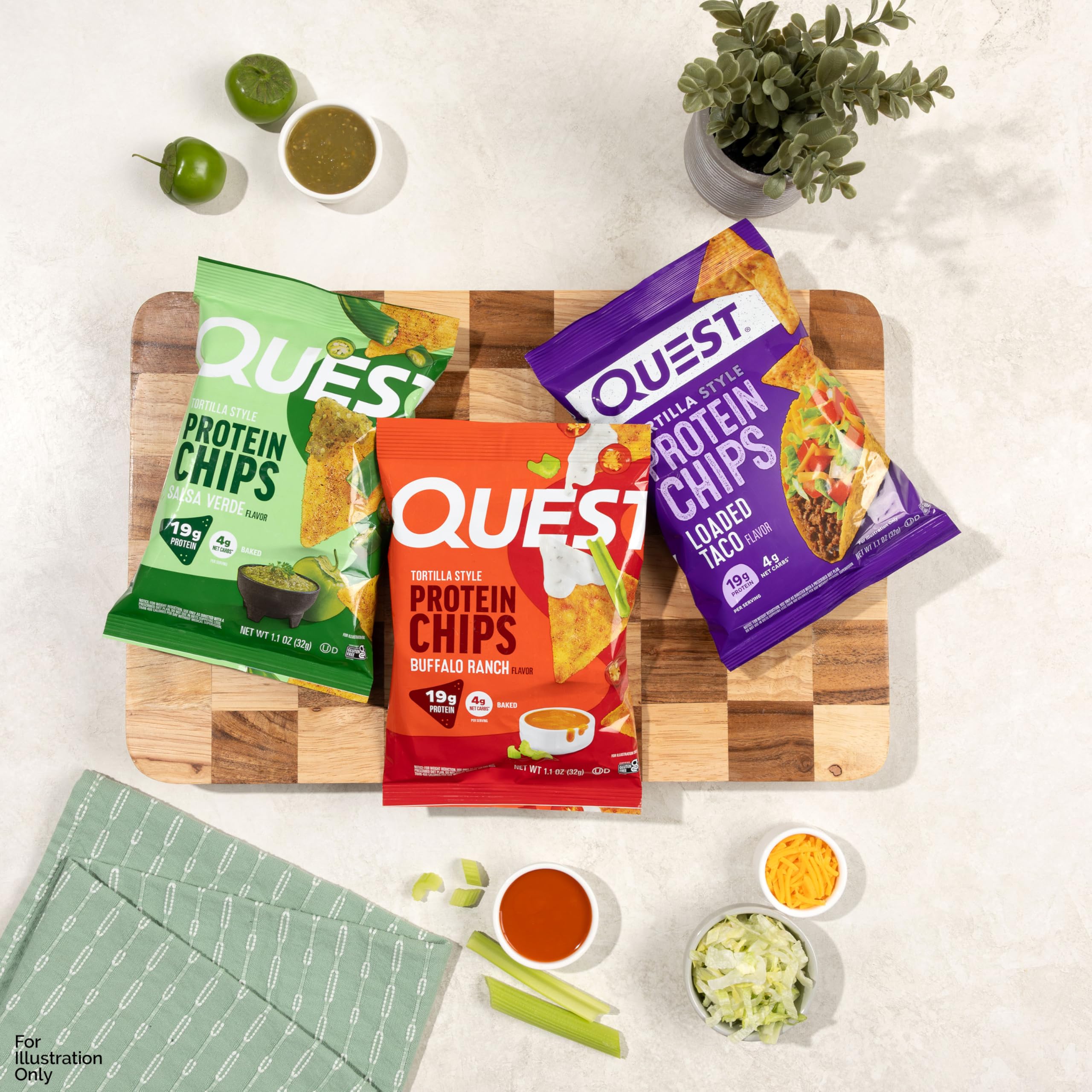 Quest Tortilla Style Protein Chips variety pack on shelf, grab-and-go protein boost.