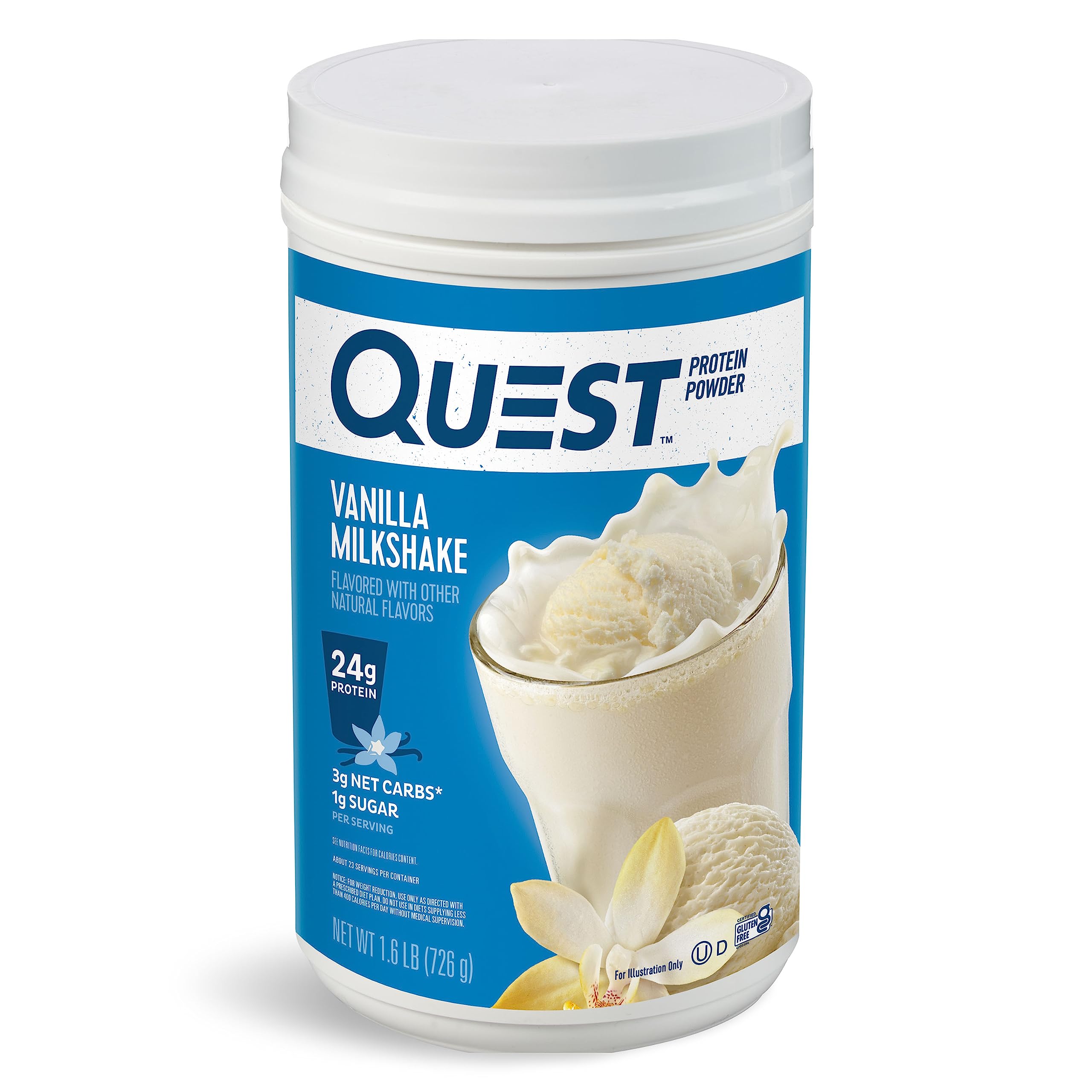 Quest Vanilla Milkshake protein powder container highlights 24g protein per serving for recovery.