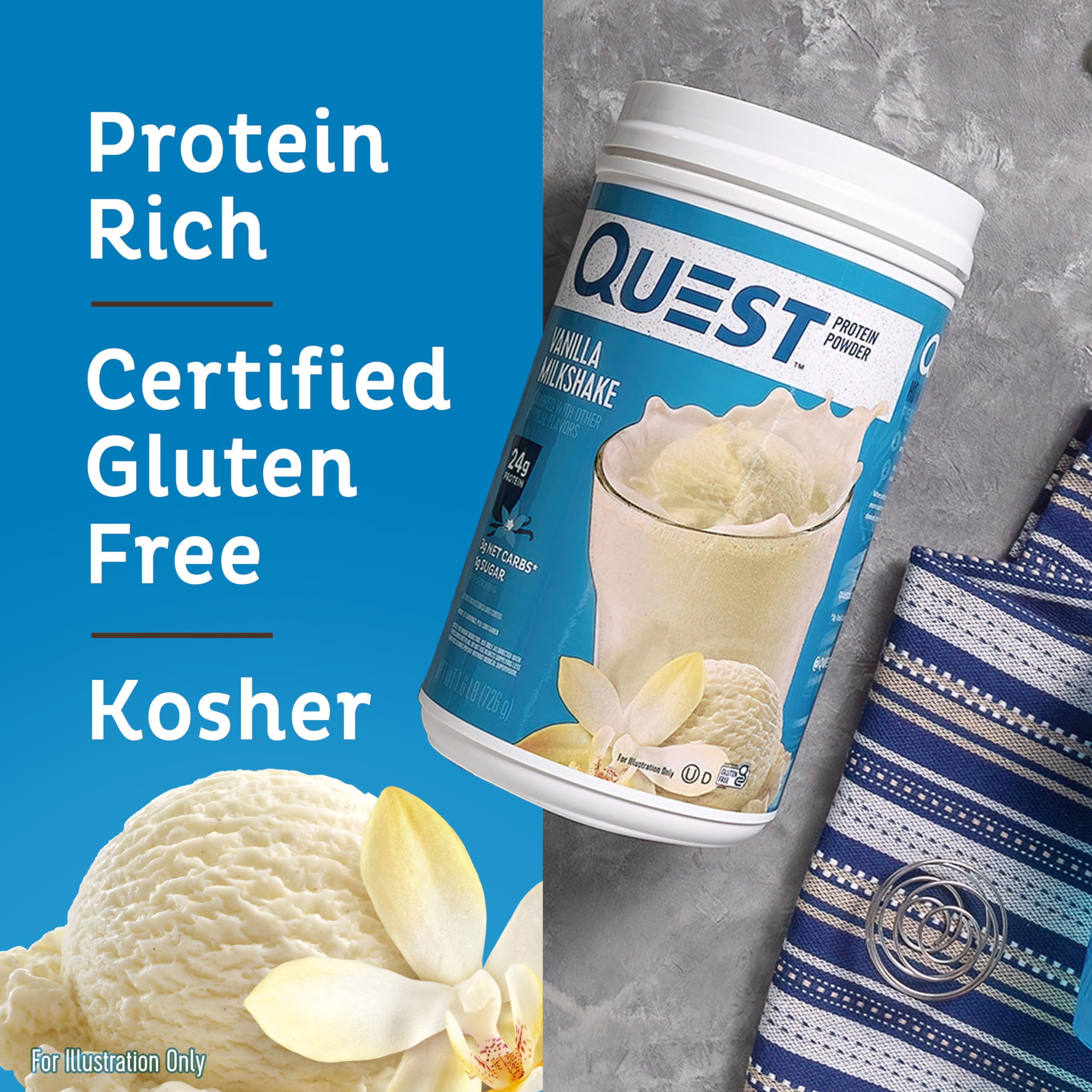 Quest Vanilla Milkshake gluten-free label emphasizes suitability for gluten-free diets.