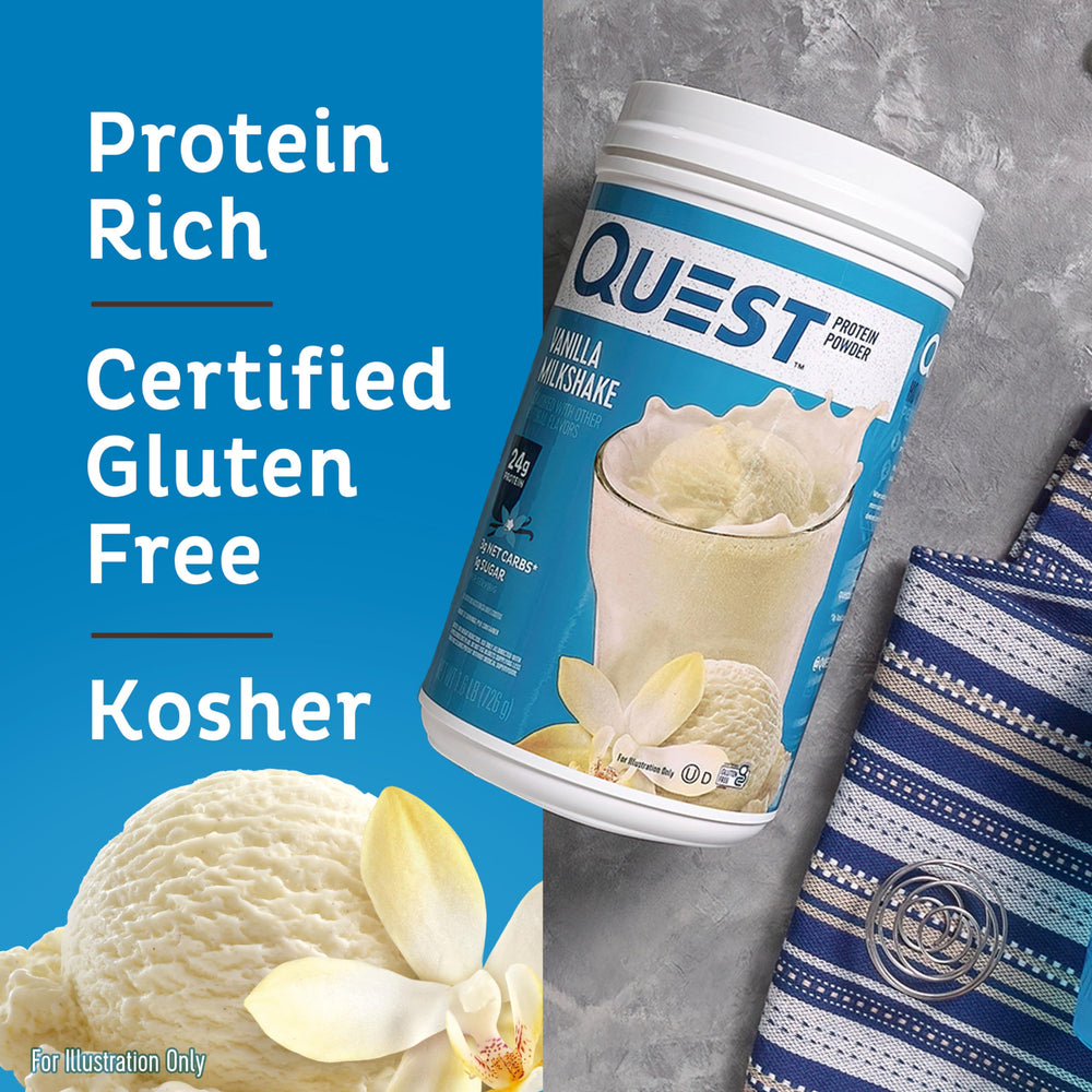 Quest Vanilla Milkshake gluten-free label emphasizes suitability for gluten-free diets.