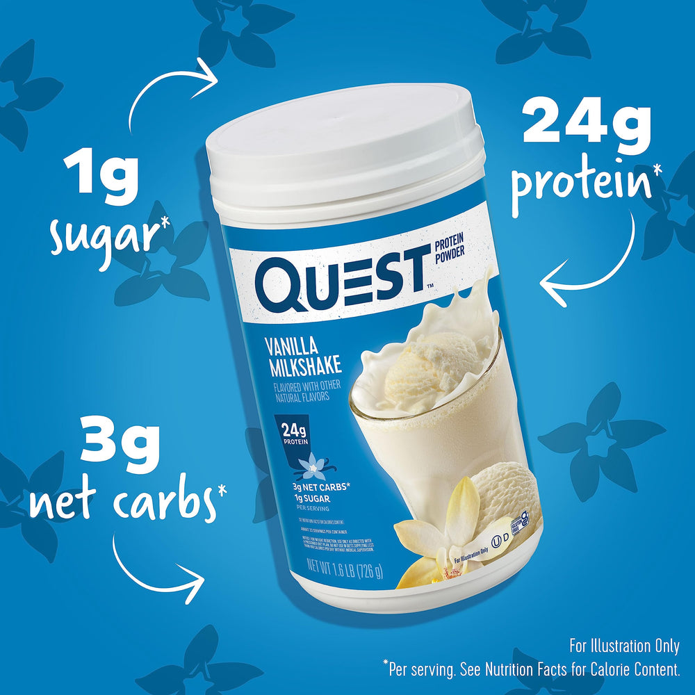 Quest Vanilla Milkshake powder scoop demonstrates convenient serving size for quick shakes.