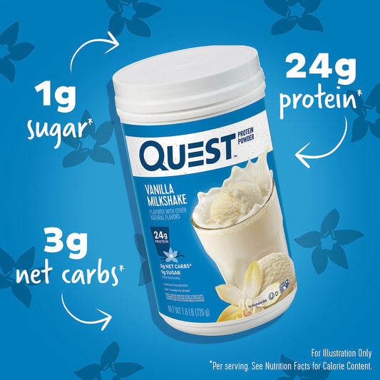 Quest Vanilla Milkshake powder scoop demonstrates convenient serving size for quick shakes.