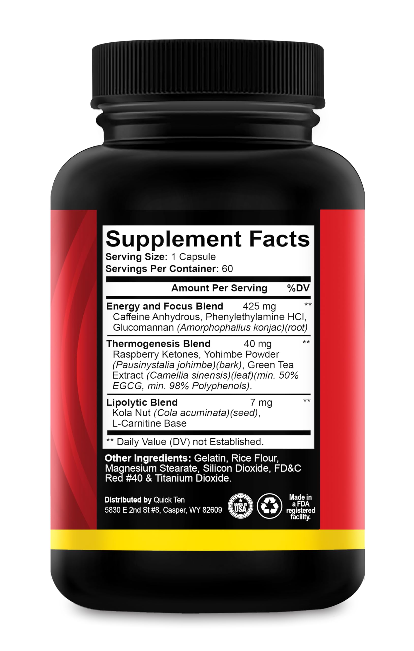 Quick Ten Drop 10 label highlights thermogenic ingredients for increased calorie burn.