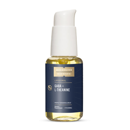 Quicksilver Liposomal GABA + L-Theanine bottle on shelf highlighting calm brain support.