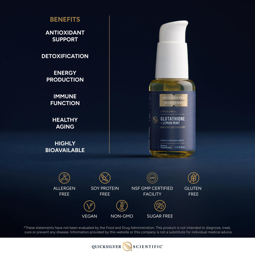 Quicksilver liposomal glutathione bottle close-up demonstrates premium absorption.