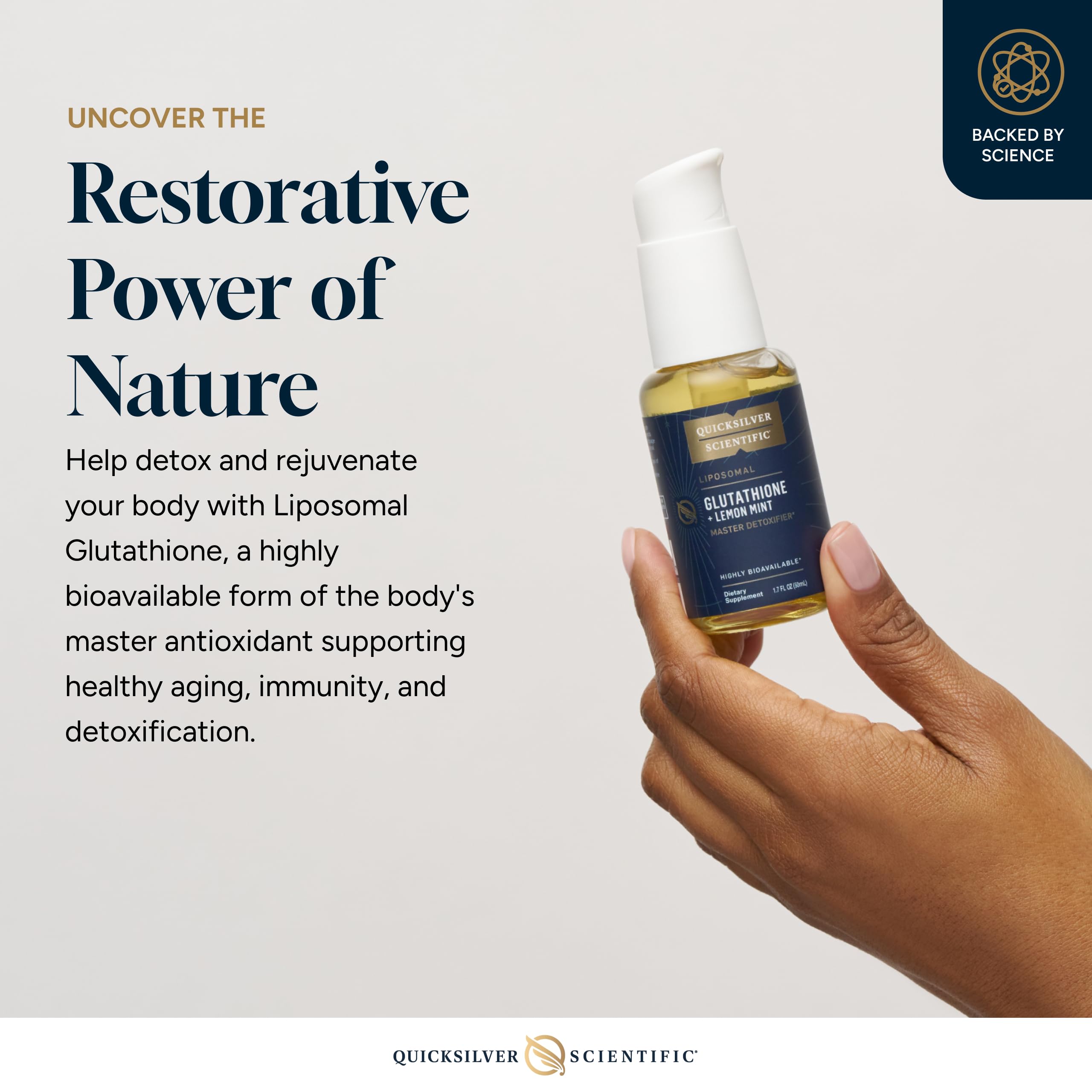 Quicksilver liposomal glutathione label highlights gluten-free and non-GMO formula.