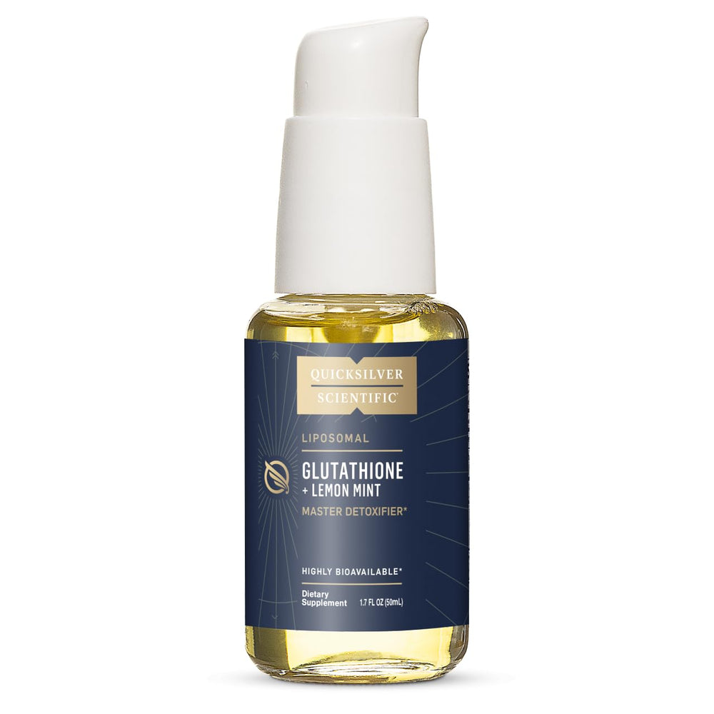 Quicksilver Scientific liposomal glutathione bottle lemon mint flavor for detox support.