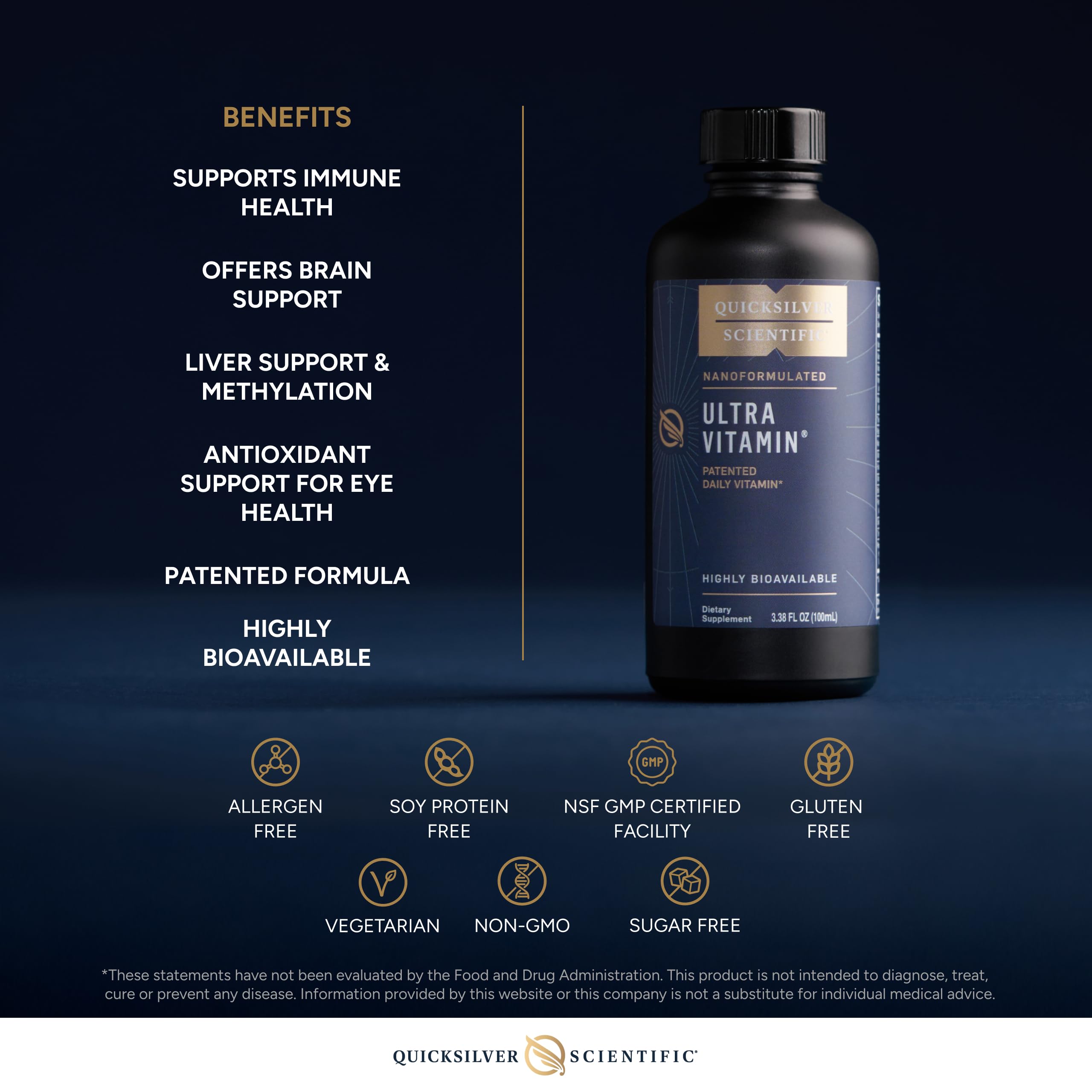Quicksilver Liposomal Ultra Vitamin ingredients panel emphasizing B complex and antioxidants.