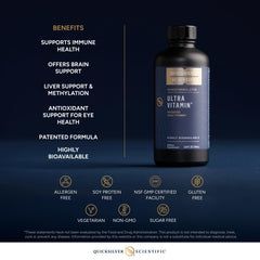 Quicksilver Liposomal Ultra Vitamin ingredients panel emphasizing B complex and antioxidants.