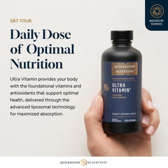 Quicksilver Liposomal Ultra Vitamin packaging with dropper highlighting concentrated liquid delivery.