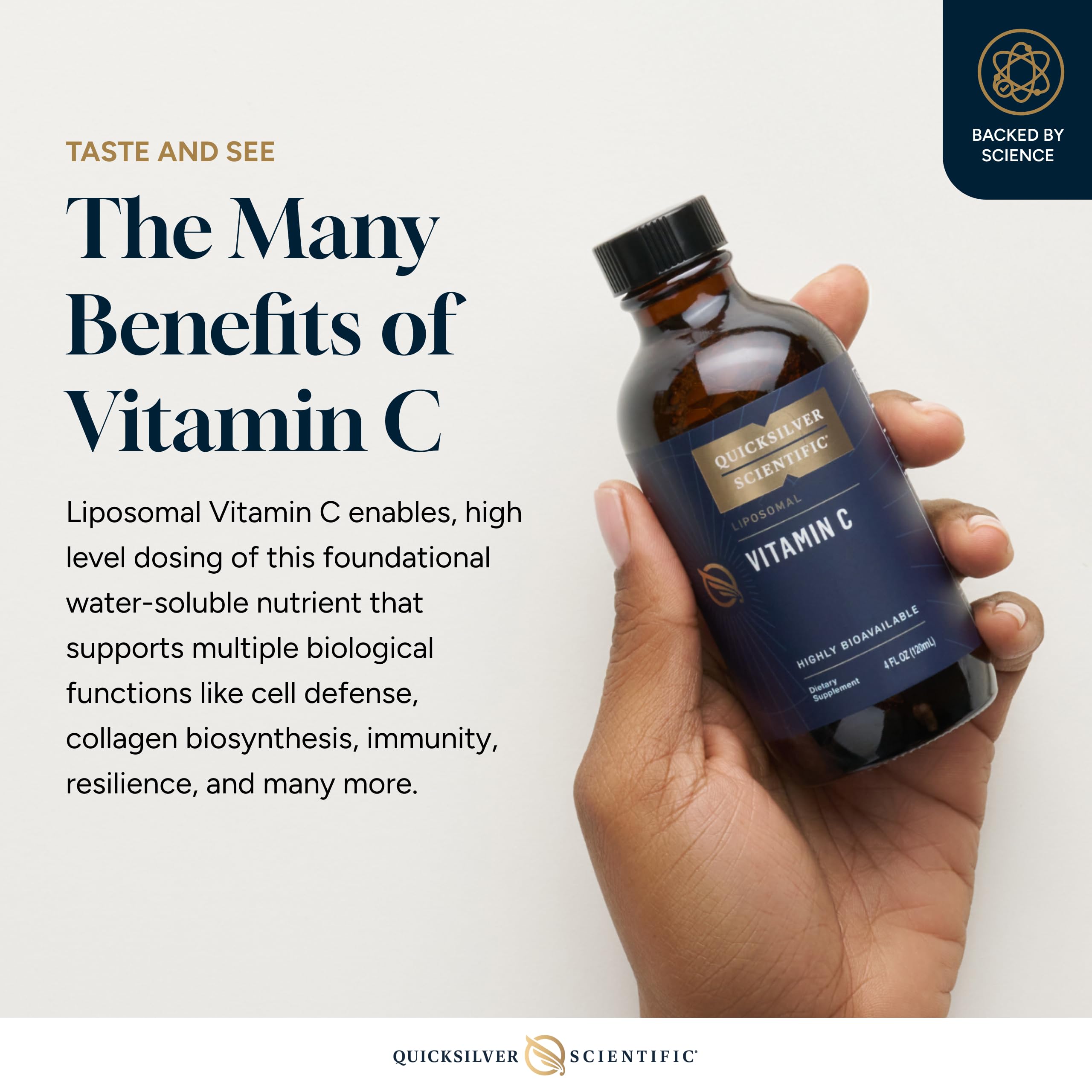 Dropper dispensing Quicksilver liposomal vitamin C with smooth mouthfeel