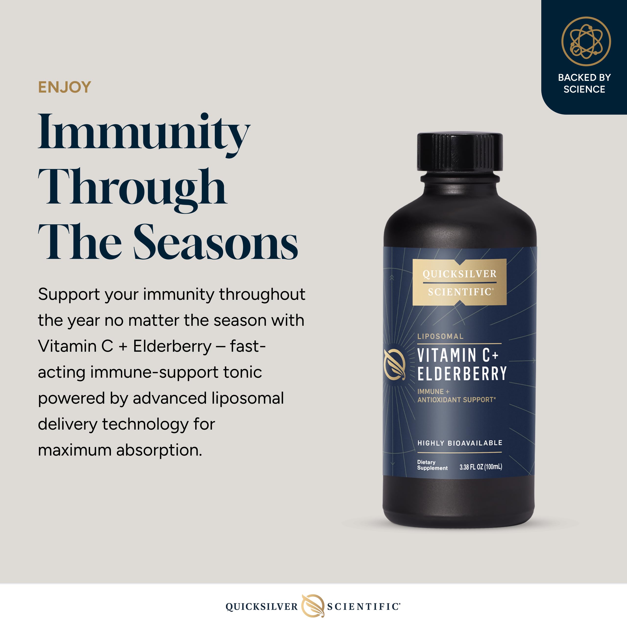 Quicksilver Liposomal Vitamin C Elderberry label highlights 1000 mg potency.