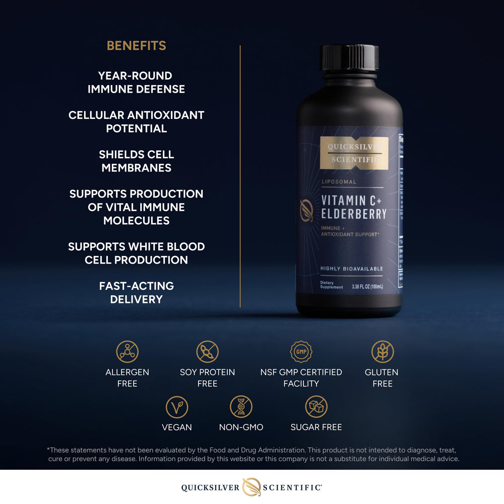 Quicksilver Liposomal Vitamin C Elderberry tocotrienols detail for antioxidant support.