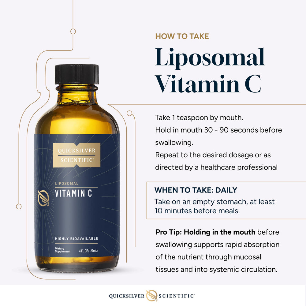 Quicksilver liposomal vitamin C bottle with vegan, non-GMO formulation