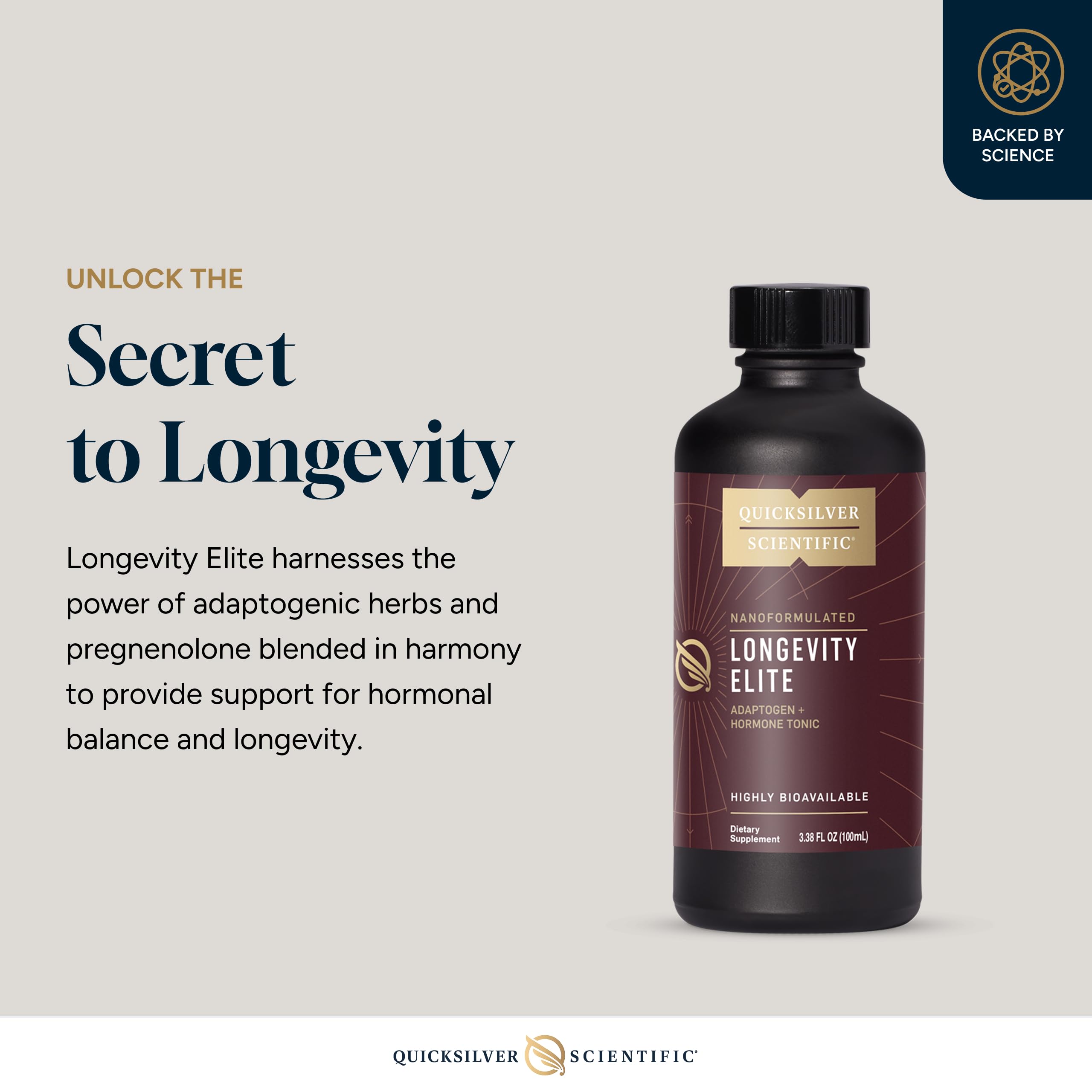 Quicksilver Longevity Elite bottle close-up showing liposomal texture and clarity.