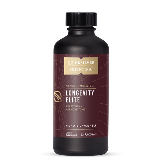 Quicksilver Longevity Elite bottle front view, premium adaptogen tonic for daily vitality.