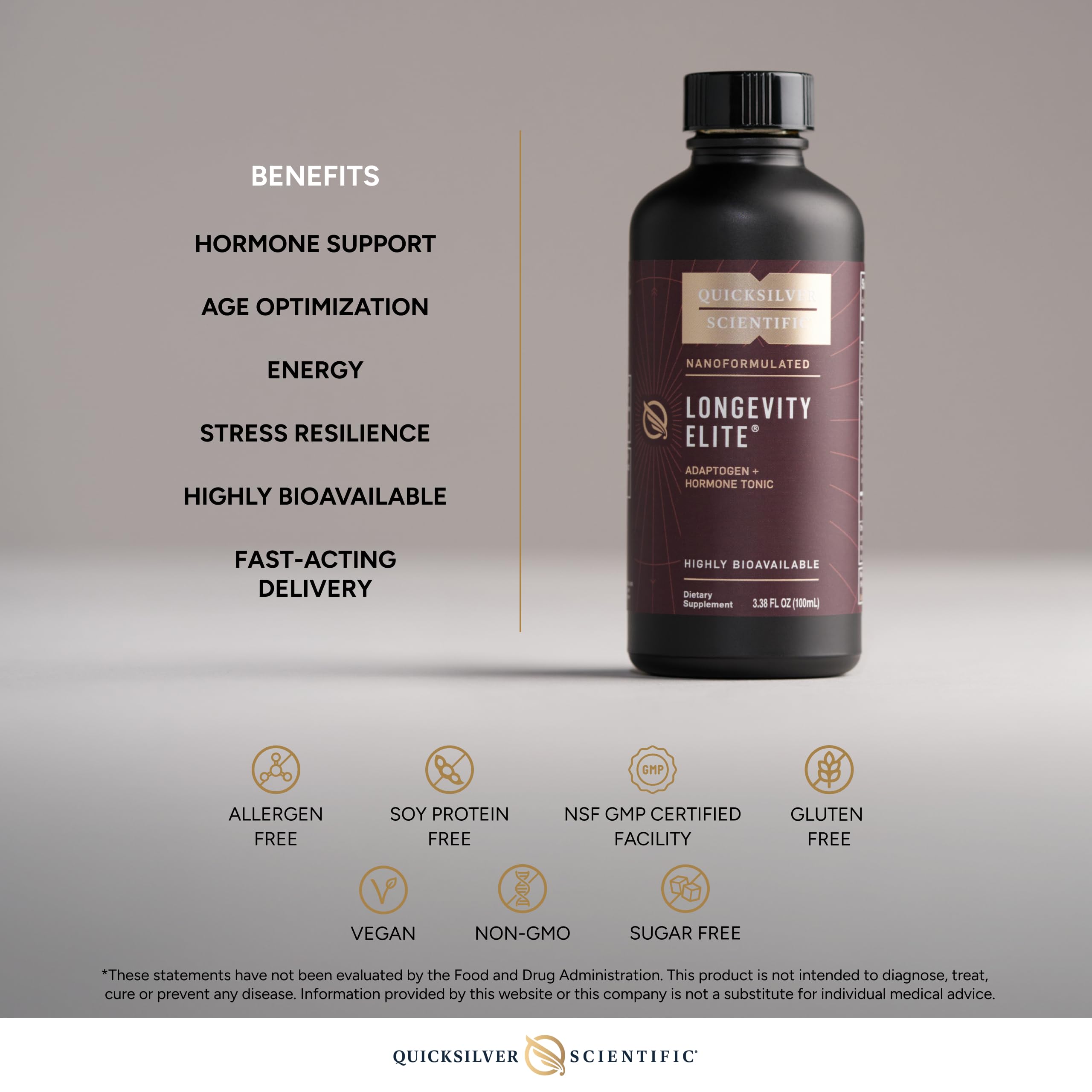 Quicksilver Longevity Elite ingredients jar highlighting sunflower lecithin phosphatidylcholine.