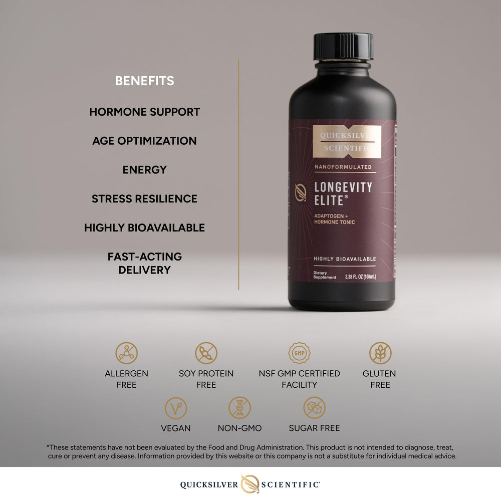 Quicksilver Longevity Elite ingredients jar highlighting sunflower lecithin phosphatidylcholine.