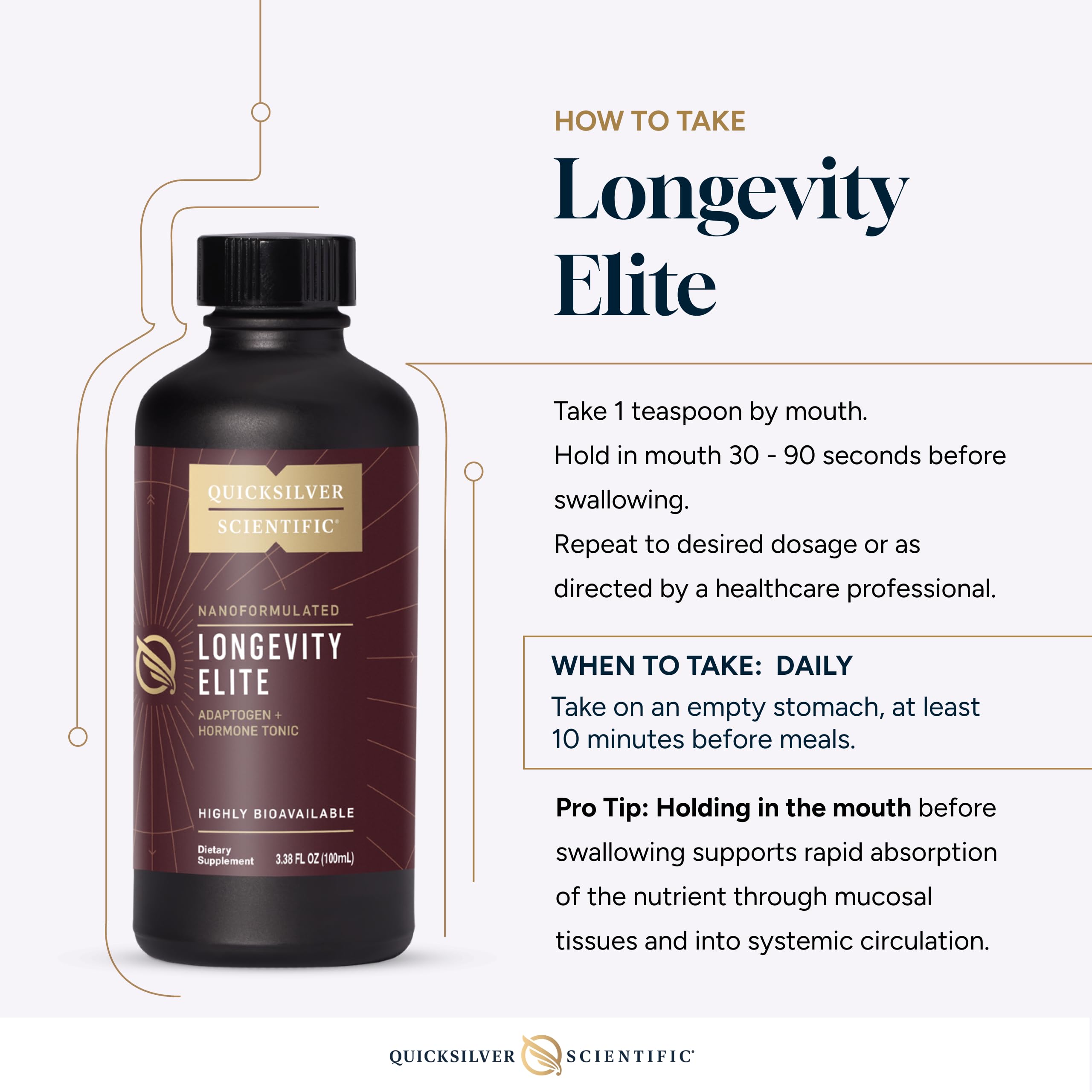 Quicksilver Longevity Elite packaging and 100 ml bottle for travel.