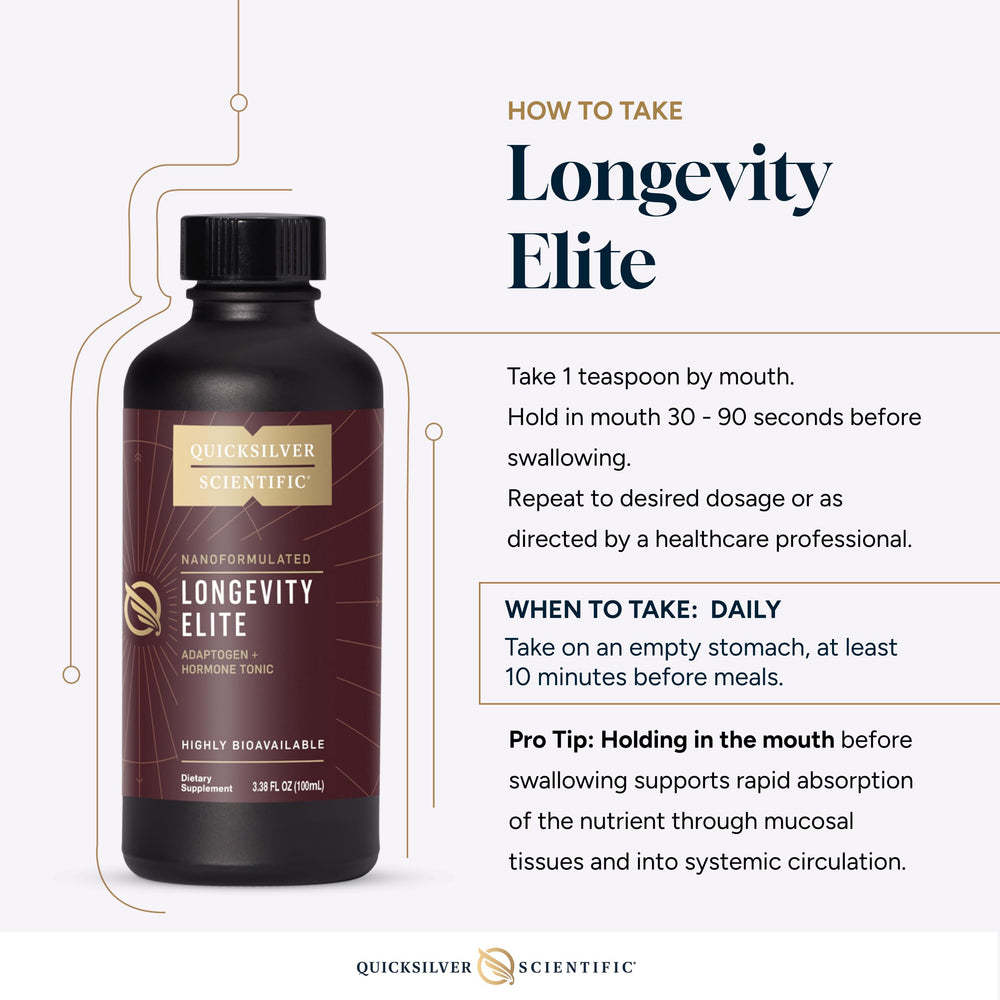 Quicksilver Longevity Elite packaging and 100 ml bottle for travel.