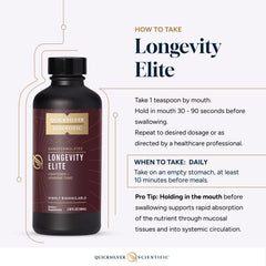 Quicksilver Longevity Elite packaging and 100 ml bottle for travel.