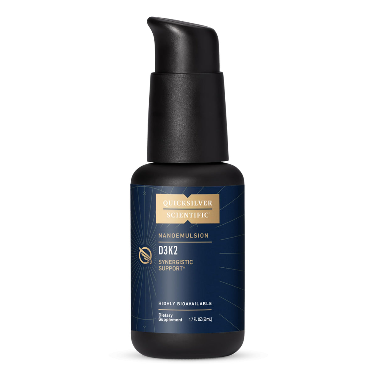 Quicksilver Scientific nanoemulsified D3K2 bottle shows high-absorption liposomes.