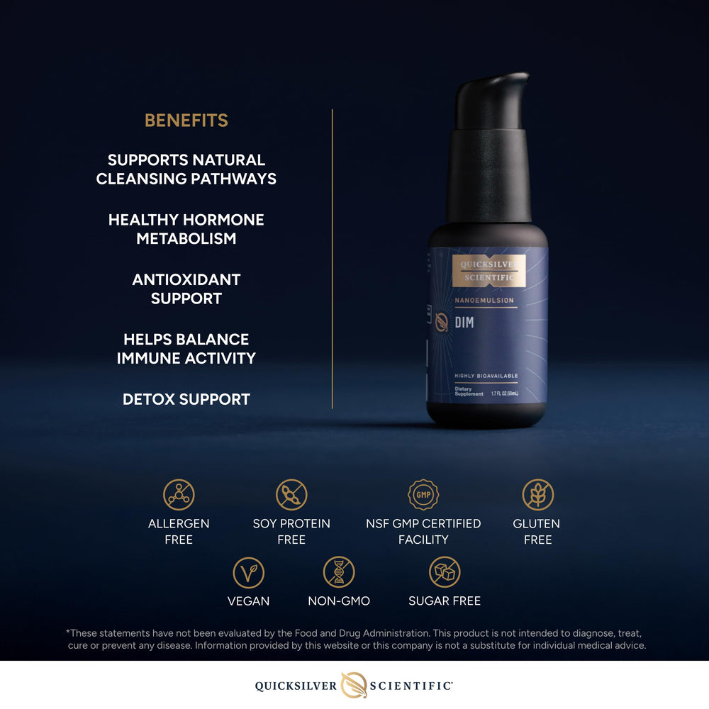 Quicksilver Nanoemulsified DIM glossy bottle signaling premium quality.