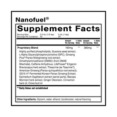 Quicksilver NanoFuel label close-up highlighting botanicals for cognitive support