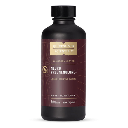 Quicksilver Neuro Pregnenolone+ bottle front showing vegan brain-support formula.