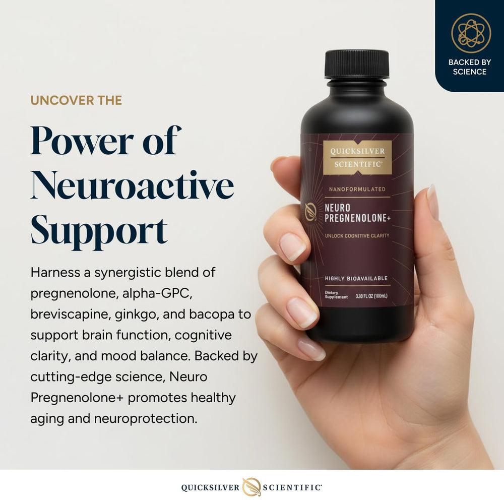 Quicksilver Neuro Pregnenolone+ label closeup highlights liposomal delivery technology.