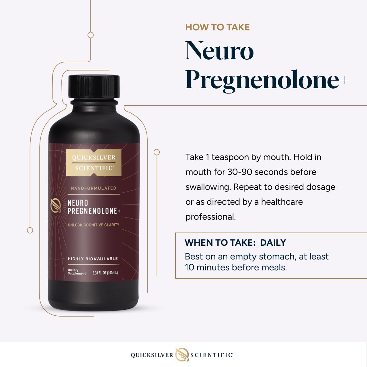 Quicksilver Neuro Pregnenolone+ packaging shot reinforces vegan, gluten-free and non-GMO promise.