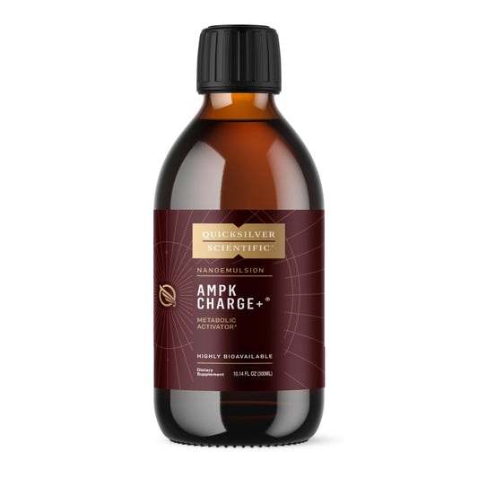 Quicksilver AMPK Charge+ bottle front view for energy support and metabolic flexibility.