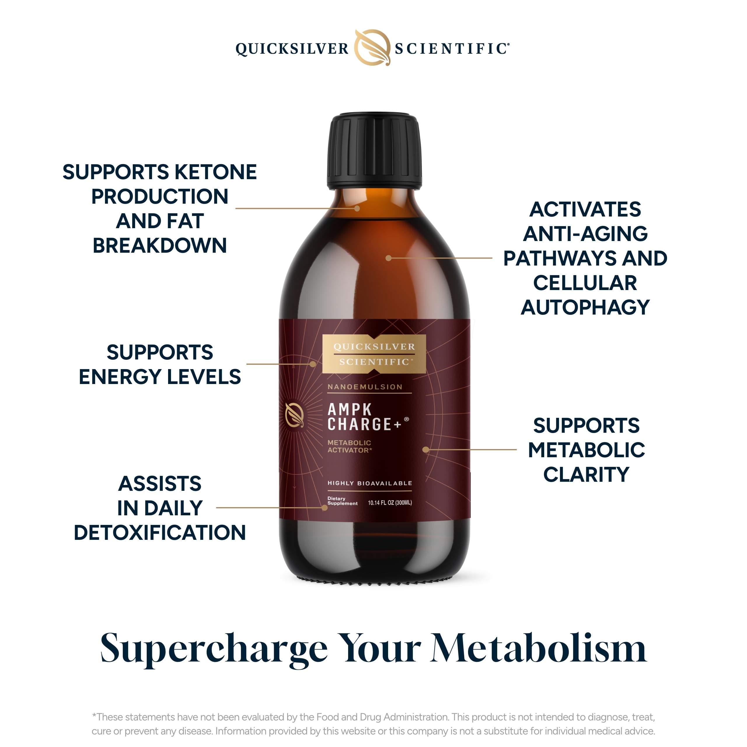 Quicksilver AMPK Charge+ ingredient blend illustration highlights multifaceted actives for metabolism.