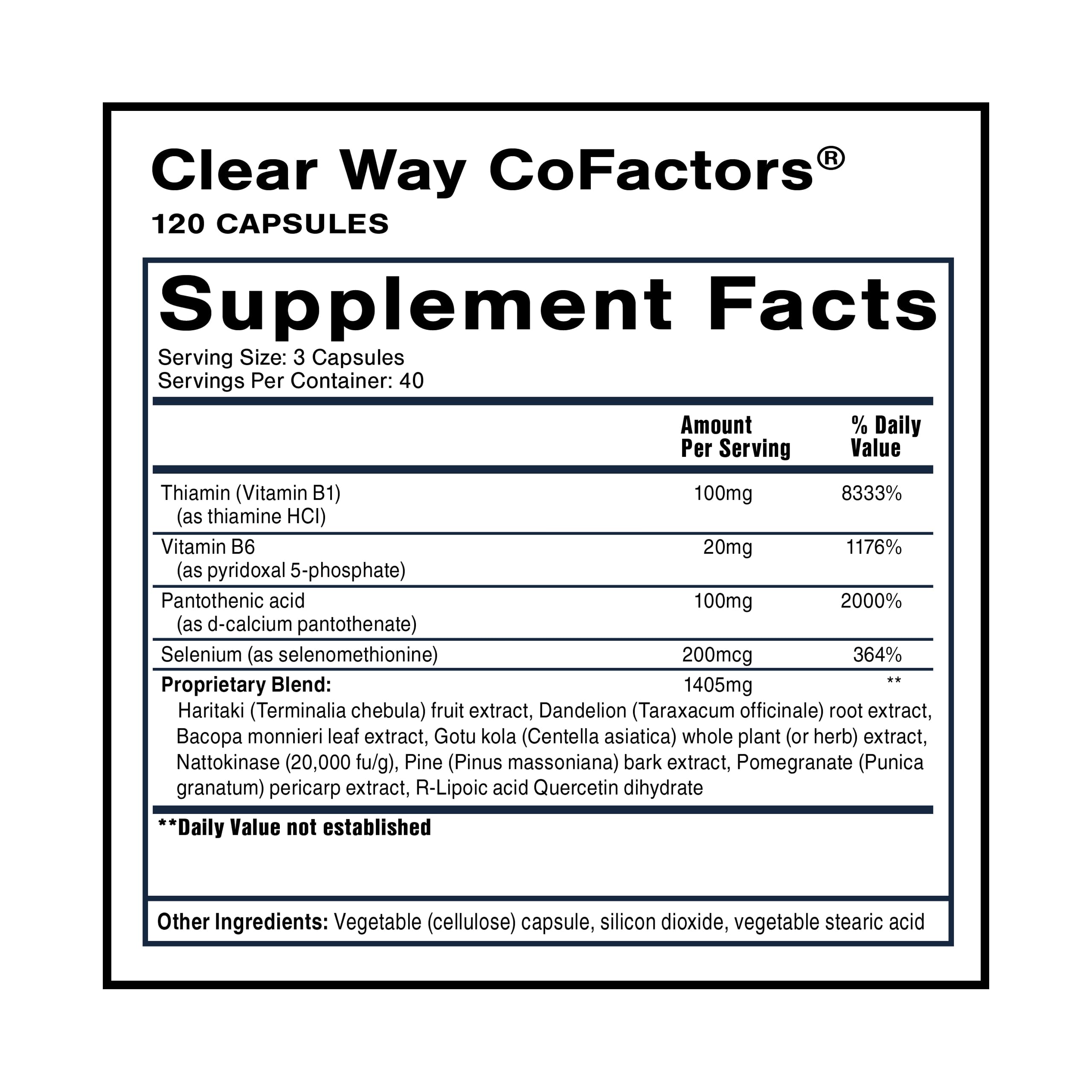 Clear Way Cofactors bottle side label highlighting ingredients for gut health