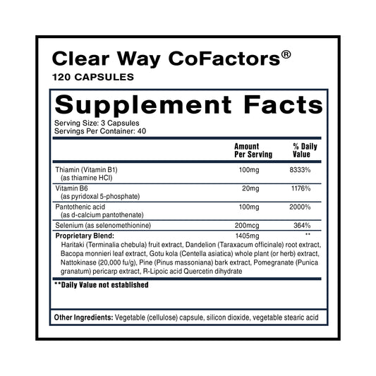 Clear Way Cofactors bottle side label highlighting ingredients for gut health