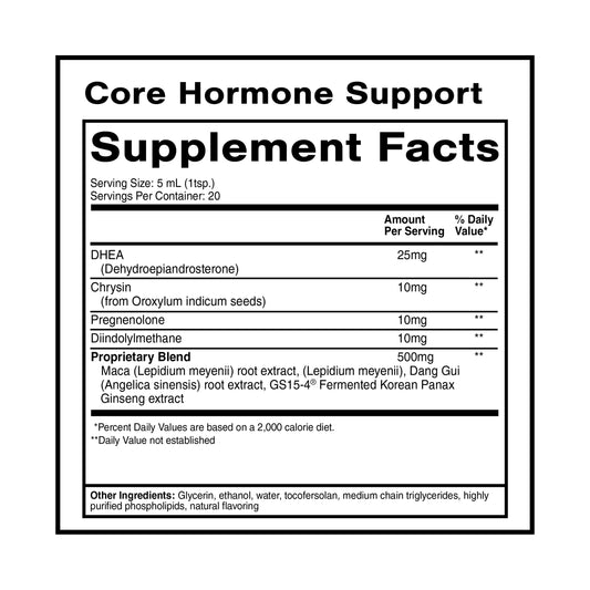 Label close-up of Quicksilver Core Hormone Support showing key ingredients