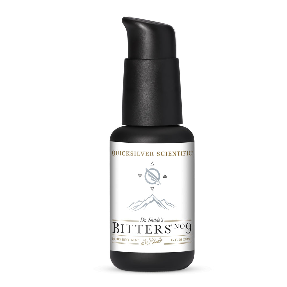 Quicksilver Scientific Dr. Shade's Bitters No. 9 bottle ready for pre-meal digestion support.