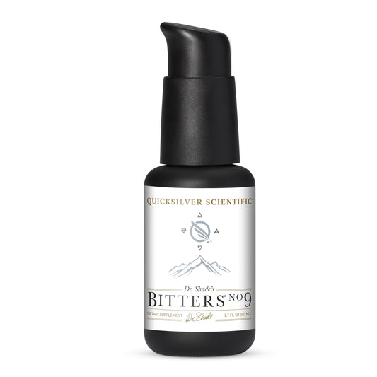 Quicksilver Scientific Dr. Shade's Bitters No. 9 bottle ready for pre-meal digestion support.