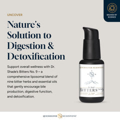 Label closeup highlights essential oils and herbs in Dr. Shade's Bitters No. 9.
