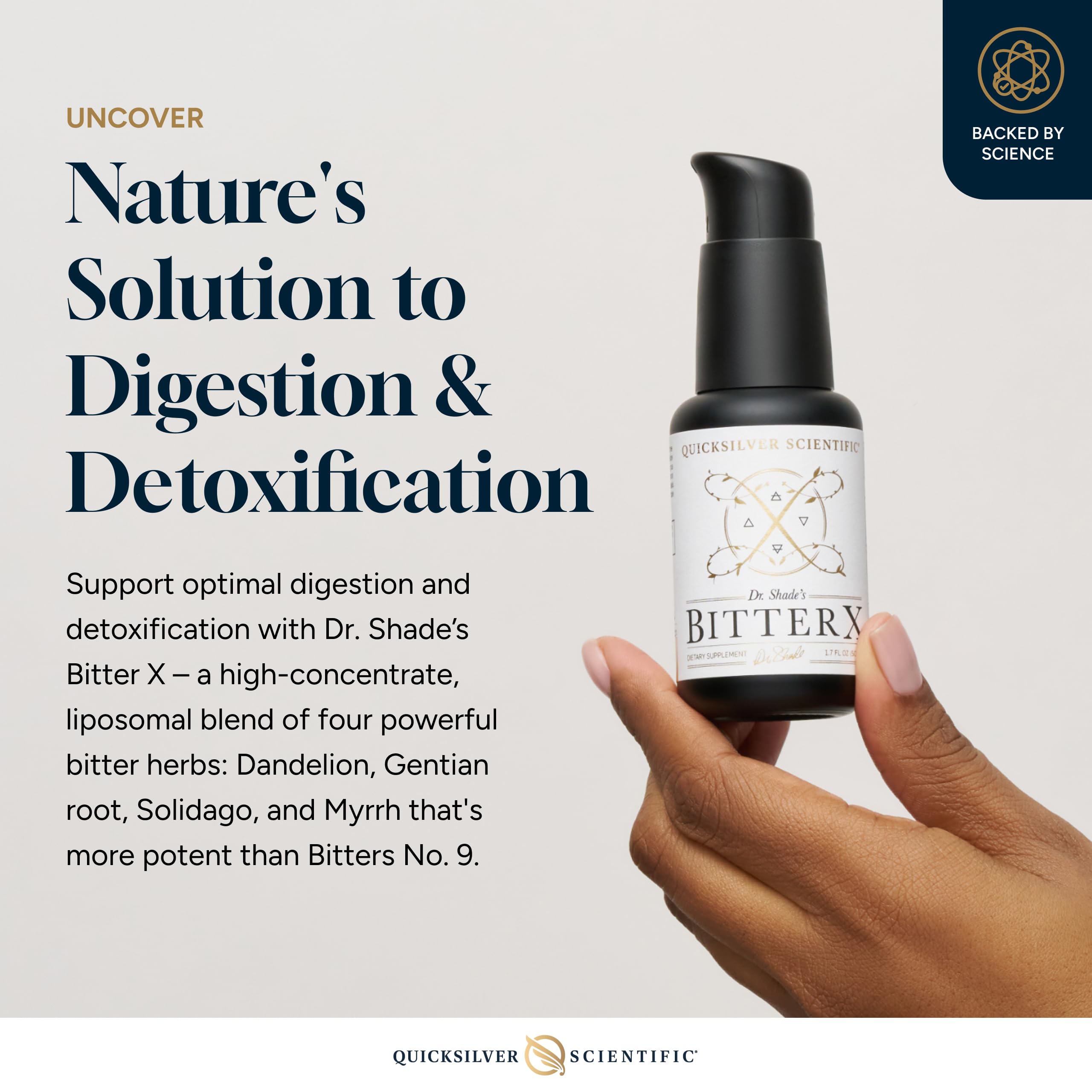 Dr. Shade's BitterX label close-up reveals botanicals for digestive balance.