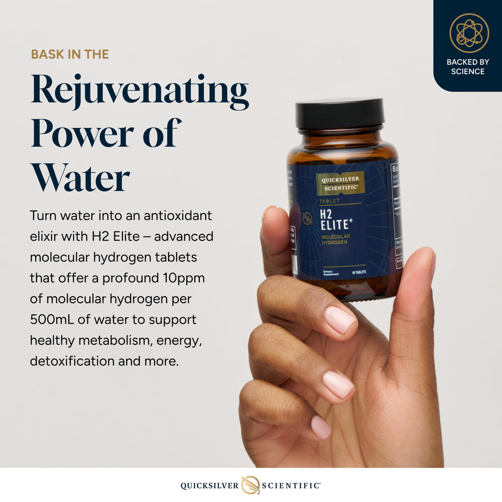 Glass of water with H2 Elite tablet ready to deliver hydrogen hydration